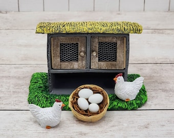 Miniature Chicken Coop,Miniature Chickens,Rooster,Egg Basket,Basket of Eggs,Farm Miniatures,Fairy Garden Accessories,Dollhouse Miniatures