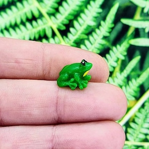 May include: A small, bright green frog figurine with black eyes and a yellow throat. The frog is posed in a sitting position. The background is a blurred view of green fern leaves.