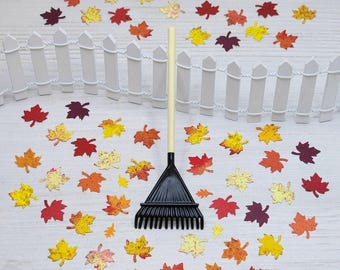 Fall Miniatures,Miniature Leaves,Miniature Leaf Rake,Metal,Dollhouse Miniatures,Fairy Garden Accessories,Diorama,Mini Landscape,Tiny Leaves