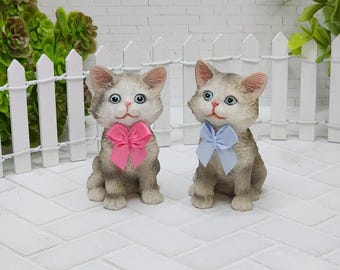 Miniature Cat with Bow,Sitting Kitten,Pink,Blue,Fairy Garden Cat,Fairy Garden Accessories,Cat Figurine