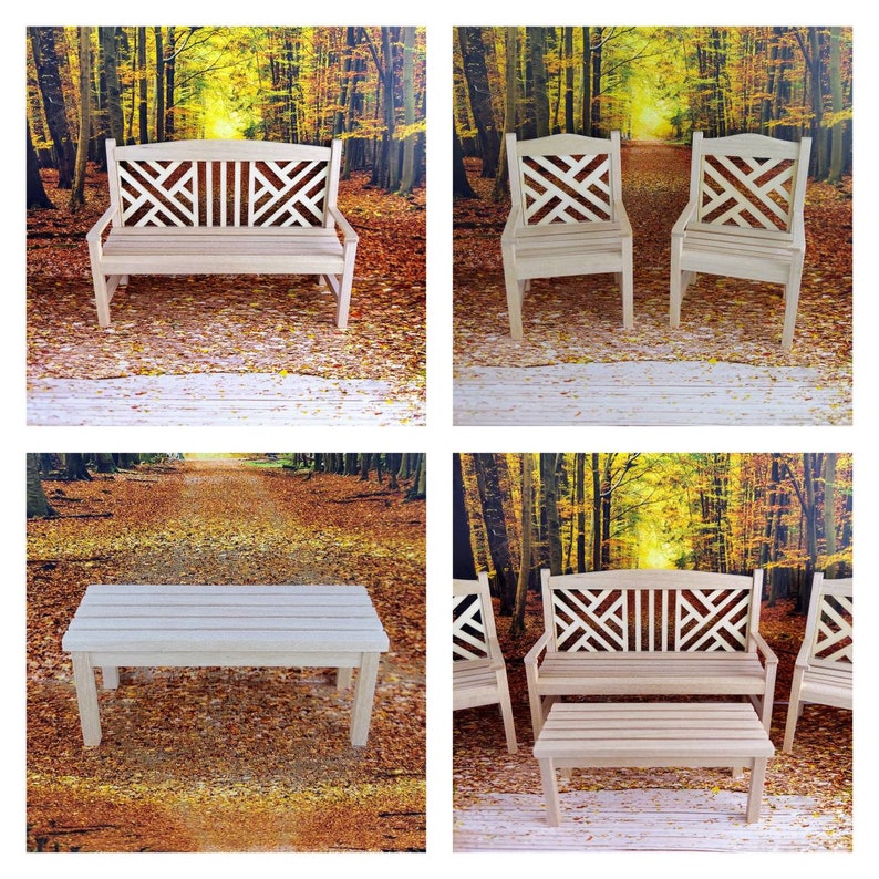 Op de afbeelding: Een set houten tuinmeubelen met een tafel en twee banken. De banken hebben een geometrisch patroon op de rugleuning en zijn gemaakt van natuurlijk hout. De tafel is rechthoekig en heeft een eenvoudig ontwerp.