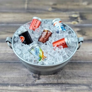 Miniature Tub With Loose Ice Cubes,Miniature Soda Cans,Dollhouse Ice,Fairy Garden Accessories,Miniature Drinks