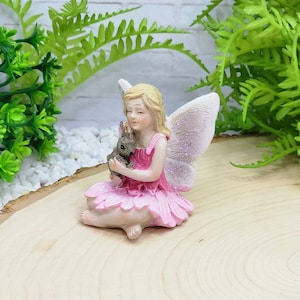Fairy With Bunny,fairy Figurine,miniature Fairy,pink,glittered Wings ...
