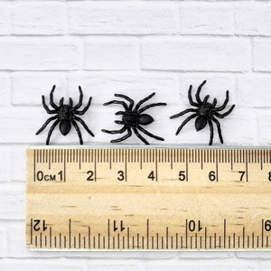 May include: Three black plastic spiders, each measuring approximately 1.5 inches in length, are arranged on a wooden ruler with centimeter markings. The spiders are positioned at the 2, 4, and 6 centimeter marks.