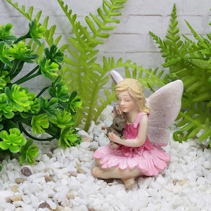 Fairy With Bunny,fairy Figurine,miniature Fairy,pink,glittered Wings ...
