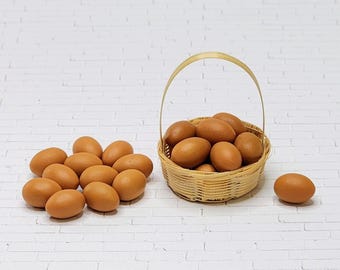 12 Miniature Brown Chicken Eggs,Mini Basket of Eggs,1:6,Scale,Mini Straw Basket,Polymer Clay,Dollhouse Eggs,Farm Miniatures,Fairy Garden