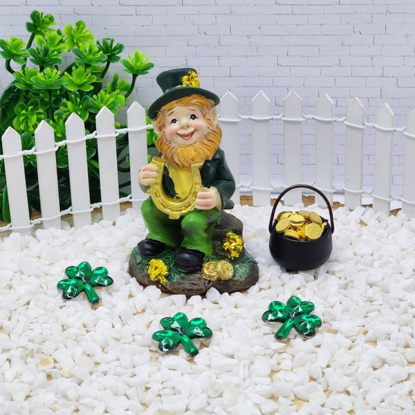 Miniature Leprechaun Figure,Miniature Shamrocks,Pot Of Gold,Gold Coins,Cauldron,St.PatricksDayMiniatures,Fairy Garden Accessories,Terrarium