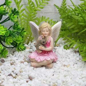 Fairy With Bunny,fairy Figurine,miniature Fairy,pink,glittered Wings ...