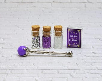 Halloween Miniatures,Purple,Mini Halloween Book,Wizard Wand,Glass Jars,Dollhouse Miniatures,Fairy Garden Accessories,Diorama