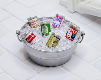 Miniature Tub of Beer With Loose Ice Cubes,Miniature Beer Cans,Dollhouse Ice,Fairy Garden Accessories,Dollhouse Beer