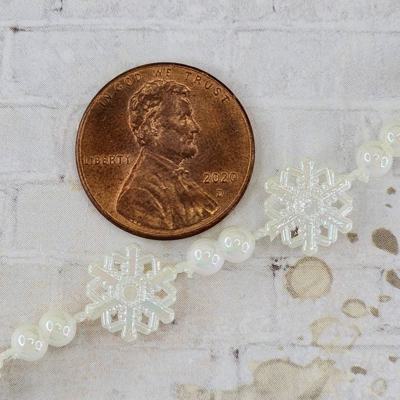 May include: A close-up of a 2020 US penny with the words "In God We Trust" and "Liberty" on it. The penny is next to a white snowflake garland with iridescent beads.
