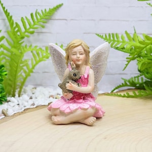 Fairy with Bunny,Fairy Figurine,Miniature Fairy,Pink,Glittered Wings,Fairy with Rabbit,Fairy Garden Accessory