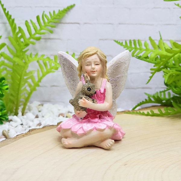 Fairy with Bunny,Fairy Figurine,Miniature Fairy,Pink,Glittered Wings,Fairy with Rabbit,Fairy Garden Accessory