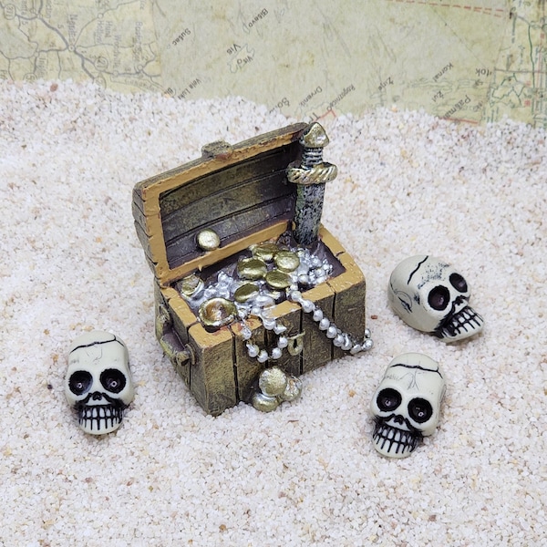 Miniature Treasure Chest,Miniature Skulls,Pirate Chest,Beach Miniatures,Fairy Garden Accessories,Mini Skull