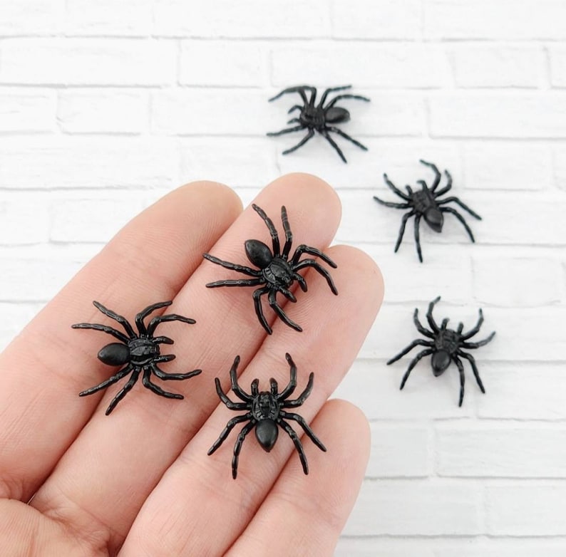 May include: Six black plastic spiders, each with eight legs and a shiny finish. The spiders are arranged on a hand, with some on the fingers and some on the palm.