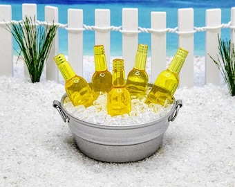 Miniature Tub of Beer,Dollhouse Miniature Beer,Beach Miniatures,Faux Ice Cubes,Miniature Beer Bottles,Fairy Garden,Dollhouse Ice,Drinks