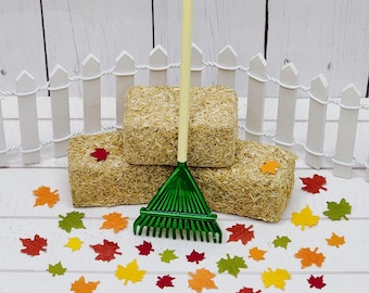 Fall Miniatures,Miniature Rake,Miniature Leaves,Tiny Hay Bales,Miniature Garden Fence,Dollhouse Miniatures,Fairy Garden,Diorama,Mini Autumn