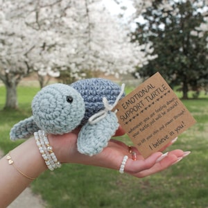 May include: A crocheted blue and gray turtle toy with a tag that reads "Emotional Support Turtle" with hearts and the text "whenever you are feeling down, your turtle pal will be around! so lift your chin and power through! I believe in you!"