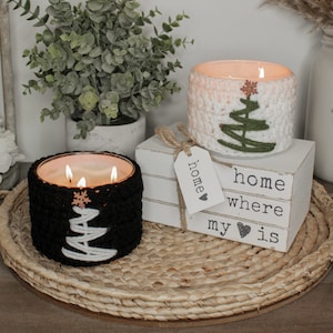Christmas Tree Crochet Candle Cozy: Boho Farmhouse Decor