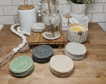 Boho/Farmhouse Crochet 4 Set Coasters/Gifts for her/Home Decor/Teenage Gifts/Teacher Gift/Boho Home Decor/Trendy Decor/Gifts for mom/Holiday