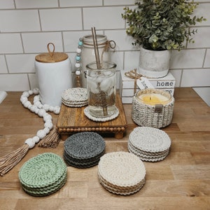 Boho/Farmhouse Crochet 4 Set Coasters/Gifts for her/Home Decor/Teenage Gifts/Teacher Gift/Boho Home Decor/Trendy Decor/Gifts for mom/Holiday