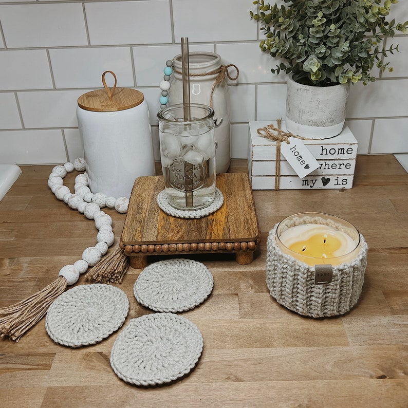 Boho/Farmhouse Crochet 4 Set Coasters/Gifts for her/Home Decor/Teenage Gifts/Teacher Gift/Boho Home Decor/Trendy Decor/Gifts for mom/Holiday image 4