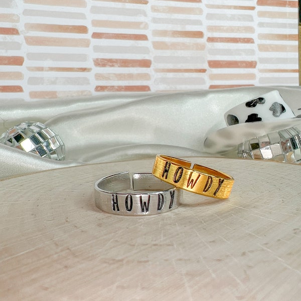 Howdy Stamped Ring/Flat Gold Wire Ring/Gold Ring/Gifts for her/Fidget Ring/Spring Rings/Spring Jewelry/Fall Jewelry/ Winter Jewelry