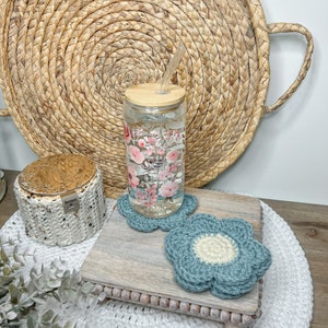 Boho/Farmhouse Sea Blue Crochet Flower 4 Set Coasters/Gifts for her/Home Decor/Teenage Gifts/ Teacher Gift/Boho Home Decor/Trendy Decor