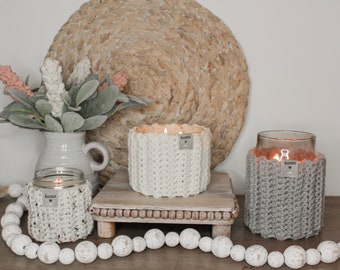 Boho/Farmhouse Crochet Candle Cozy/Gifts for her/Fall Home Decor/3 Wick Candle Holder/Large Candle Holder/Teacher Gift/Succulent Pot Holder
