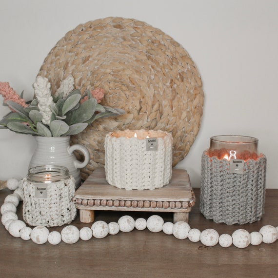 Boho Crochet Candle Cozy: Farmhouse 3-Wick Candle Holder Fall Winter Decor Custom sizes