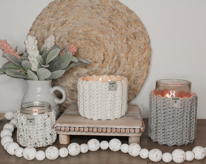 Boho Crochet Candle Cozy: Farmhouse 3-Wick Candle Holder Fall Winter Decor Custom sizes