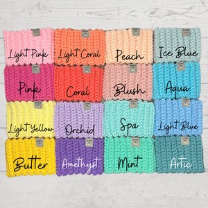 May include: A colour chart of 16 different crochet headbands. The colours are: Light Pink, Light Coral, Peach, Ice Blue, Pink, Coral, Blush, Aqua, Light Yellow, Orchid, Spa, Light Blue, Butter, Amethyst, Mint, and Artic.