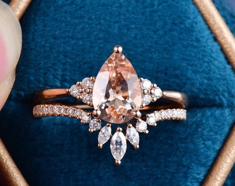 1.5ct Pear Shaped Morganite Engagement Ring Rose Gold Bridal Set Cluster Unique Morganite Wedding Ring Marquise Moissanite Chevron Band 2pcs