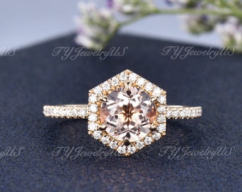 Hexagon Natural Morganite Engagement Ring Rose Gold Women Diamond Halo Morganite Ring Round Bridal Wedding Ring Unique Jewelry Half Eternity