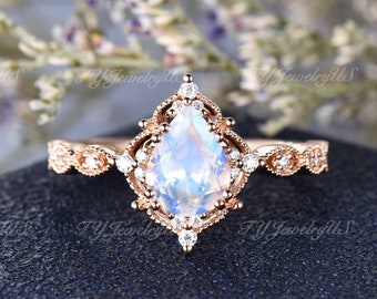 Sailor Moon Ring Unique Natural Moonstone Engagement Ring Boho Flower Inspired Ring Rose Gold Milgrain Art Deco Pear Moon Engagement Ring