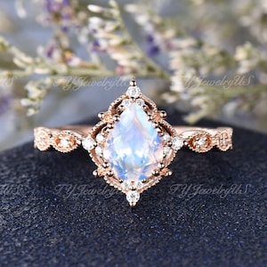 Sailor Moon Ring Unique Natural Moonstone Engagement Ring Boho Flower Inspired Ring Rose Gold Milgrain Art Deco Pear Moon Engagement Ring