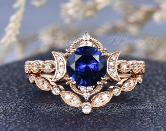 Ronde geslepen Lab saffier verlovingsring set Rose Gold Milgrain bruidsset antieke Diamond Vine Moon Ring Art Deco Moon Star Birthstone Ring
