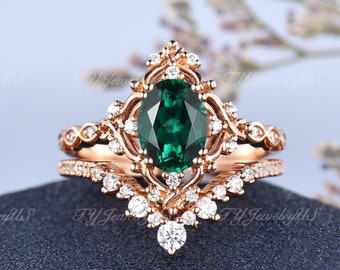Vintage esmeralda anillo de compromiso conjunto rosa oro ramita diamante nupcial conjunto único rama vid hoja racimo anillo laboratorio esmeralda mayo anillo de piedra de nacimiento