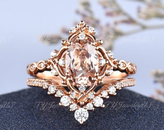Natural Morganite Engagement Ring Set Rose Gold Oval Cut Morganite Bridal Set Woman Art Deco Vine Flower Bridal Ring Leaf Style Cluster Ring