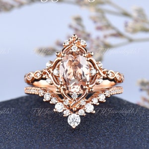 Natural Morganite Engagement Ring Set Rose Gold Oval Cut Morganite Bridal Set Woman Art Deco Vine Flower Bridal Ring Leaf Style Cluster Ring