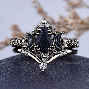 Unique Coffin Blue Sandstone Engagement Ring Set 2pcs Black Gold Blue Sandstone Bridal Set Gothic Ring Moon Crescent Women Milgrain