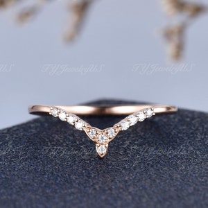 Rose Gold Vine Leaf Diamond Curved Wedding Band V-Shaped Matching Band Woman Dainty Delicate Half Eternity Stacking Ring Personalized Band