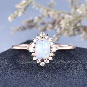 Lab Opal Engagement Ring Rose Gold Oval Cut Diamond Halo Ring Art Deco Birthstone Bridal Ring Woman Vintage Promise Anniversary Gift For Her