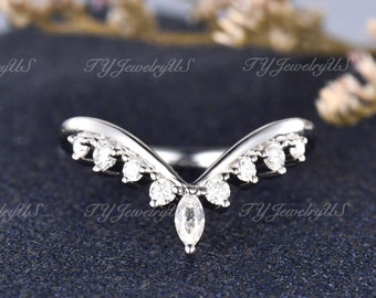 Custom Fit White Gold Wedding Band Women Marquise Moissanite Ring Wedding Band Cluster Ring Vintage Inspired Ring Promise Gift Chevron Ring
