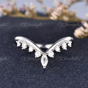 Custom Fit White Gold Wedding Band Women Marquise Moissanite Ring Wedding Band Cluster Ring Vintage Inspired Ring Promise Gift Chevron Ring