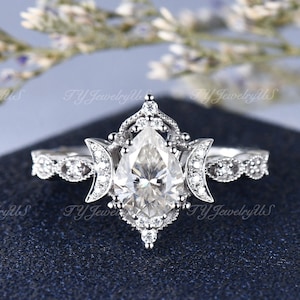 Moon Engagement Ring 6x8mm Pear Moissanite Ring White Gold Antique Jewelry 14k Gold Wedding Ring Tear Drop Unique Calaxy Moon Star Art Deco