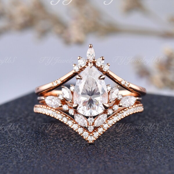 Unique 5 Eagles Pear Shaped Moissanite Engagement Ring Set 3pcs Marquise Cut Natural Diamonds Bridal Set Woman Art Deco Cluster Stack Ring