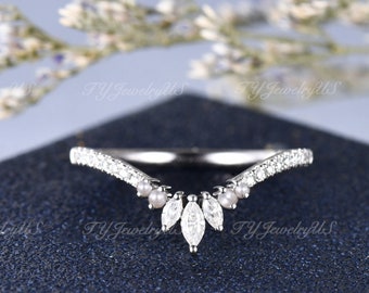 Custom Pearl Diamond Ring Curved Matching Band White Gold Marquise Moissanite Wedding Band Woman Cluster Chevron Guard Band Birthstone Ring