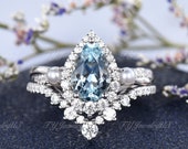 Natural Aquamarine Engagement Ring Set White Gold Tear Drop Blue Aquamarine Bridal Set Pearl Infinity Twist Ring Diamond Halo Cluster Ring