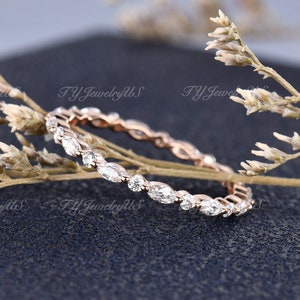 Alianza de boda Eternity Moissanite para mujer, oro rosa, moissanita marquesa, banda a juego, anillo apilable de diamantes, estilo minimalista, delicado, estilo vintage